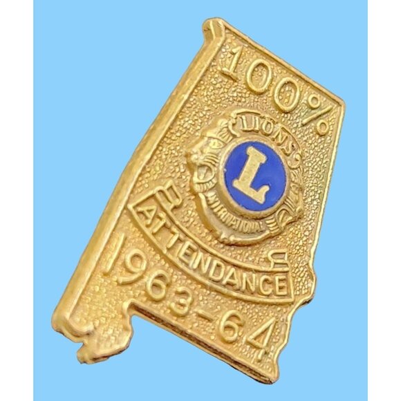 Lions Club 100% Attendance Pin 1963-64 Alabama Shape Gold Tone - Picture 1 of 5